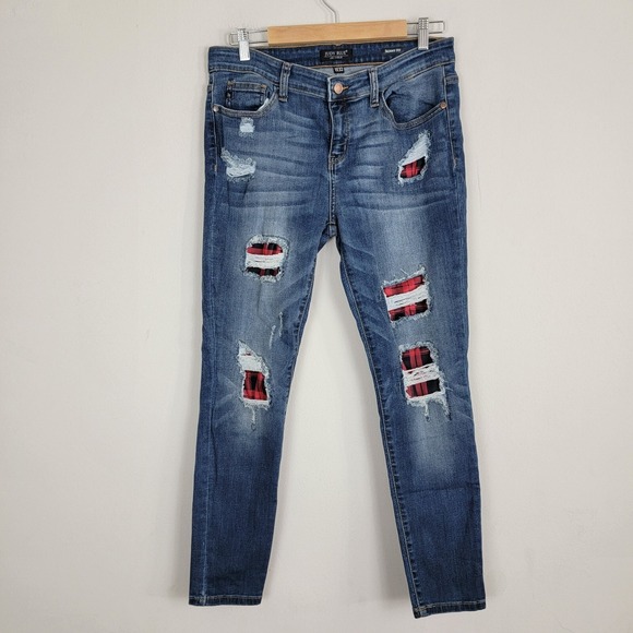 Judy Blue Denim - Judy‎ Blue Jeans Skinny Fit Womens 15/32 Blue Cotton Mid Rise Distressed Plaid
